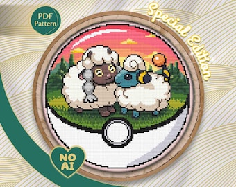 Wooloo & Mareep Inspired Sunset Meadow Terrarium Cross Stitch Pattern PDF
