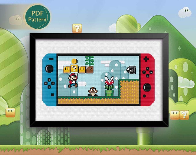 Pixel Hero World Cross Stitch PDF – Gaming-Inspired Pattern, Princess, Mushroom, Hero Brothers, Retro Style, Instant Download