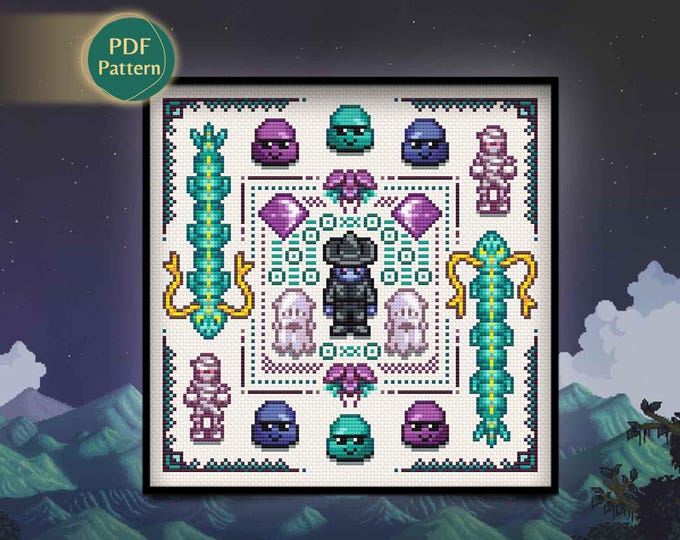 Dark Cavern Pixel Cross Stitch PDF – Cottagecore Horror Pattern, Slimes, Bats, Spiders, Shadowy Creatures, Instant Download