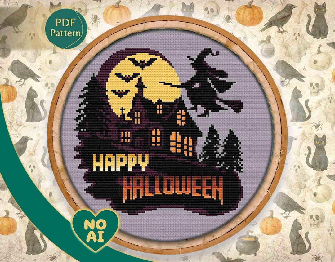 Happy Halloween Cross Stitch Pattern – Witch, Bats, Trick or Treat ...