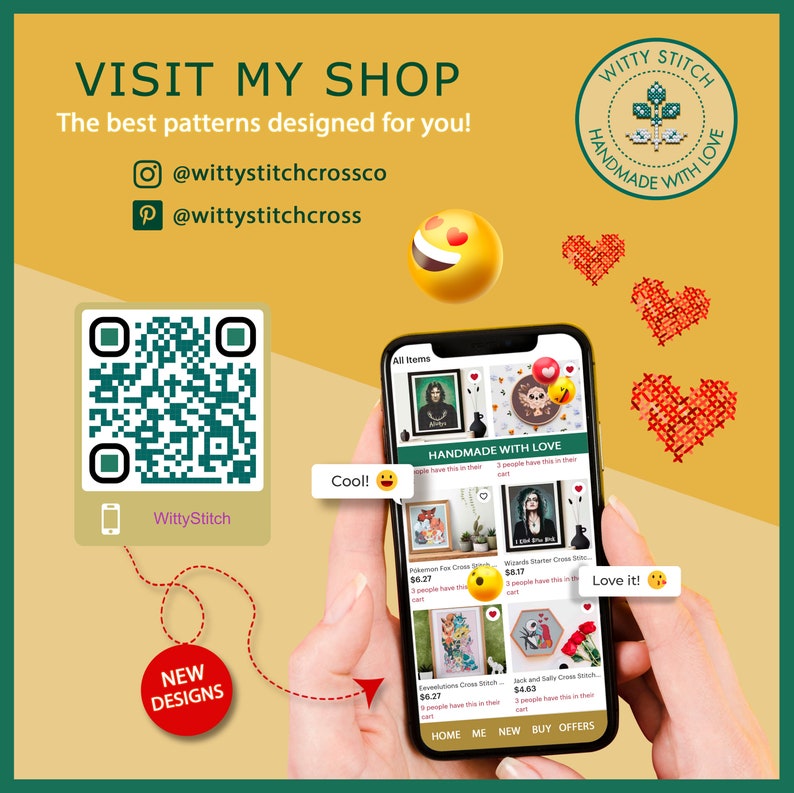 May include: A smartphone screen displaying a mobile app with a variety of cross stitch patterns. The app is called "Witty Stitch" and features a variety of designs, including Pokemon, a wizard, and a fox. The app also has a "New" section and a "Buy" button. The text "Handmade with Love" is displayed on the screen. The phone is being held by a hand, and a red heart is visible in the background.