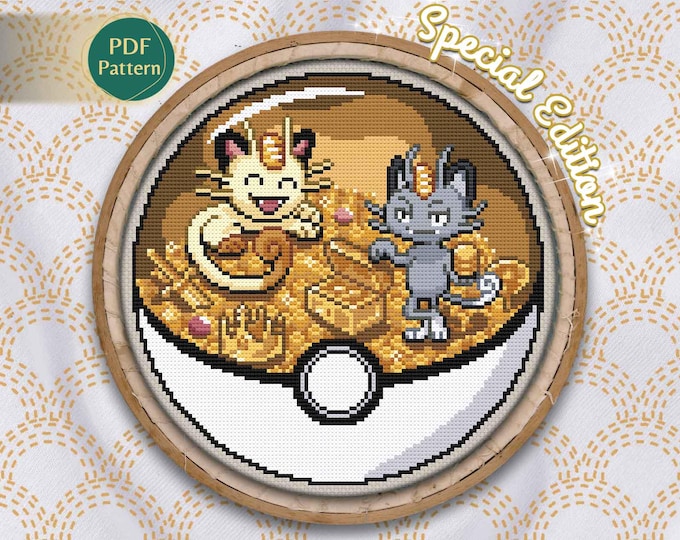 Meowth Pokeball Cross Stitch PDF – Normal Type Pattern, Counted Stitch, Coins & Gold Treasury, Glitter Crown Scene, Instant Download