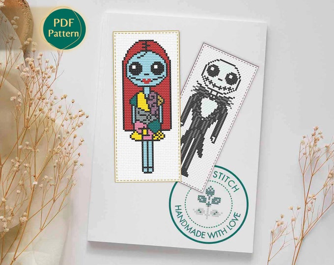 Gothic Couple Bookmarks Cross Stitch Pattern – Set of 2, Spooky Love, Halloween Style, Instant PDF Download
