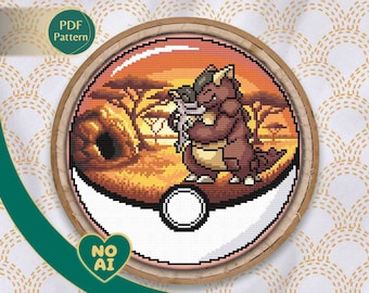 Kangaskhan Inspired Savannah Sunset Family Terrarium Cross Stitch Pattern PDF