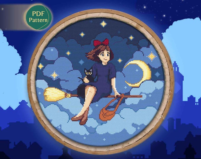 Kiki’s Delivery Service Cross Stitch PDF – Counted Pattern, Kiki, Jiji the Cat, Flying Witch, Chibi, Night Sky, Instant Download