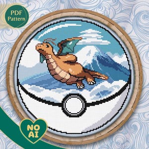 Patrón punto de cruz inspirado en Dragonite en terrario Monte Fuji