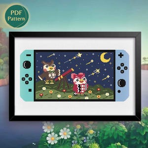Cozy Night Sky Cross Stitch PDF – Stargazing Owls, Pixel Telescope Scene, Cottagecore-Inspired, Beginner-Friendly, Instant Download