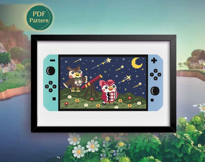 Cozy Night Sky Cross Stitch PDF – Stargazing Owls, Pixel Telescope Scene, Cottagecore-Inspired, Beginner-Friendly, Instant Download