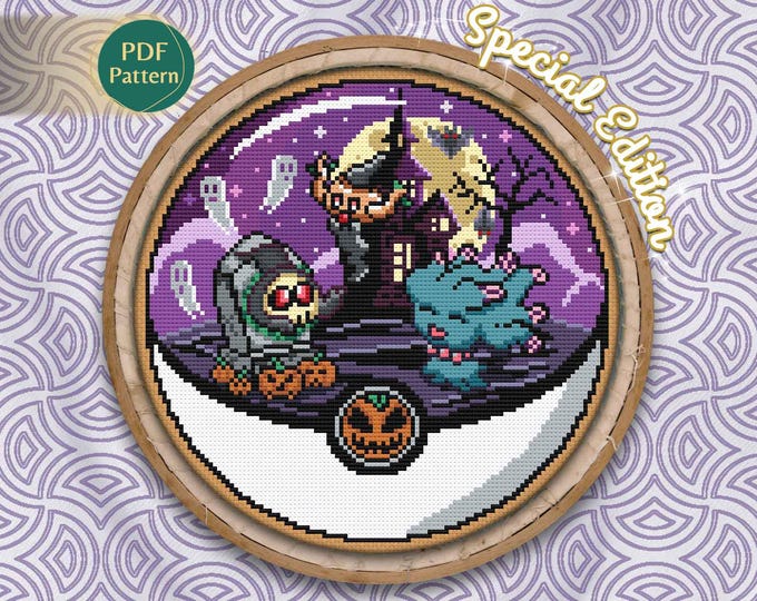 Misdreavus, Phantump & Duskull Cross Stitch PDF – Ghost Type Pokeball, Halloween Special Edition, Spooky Scene, Instant Download