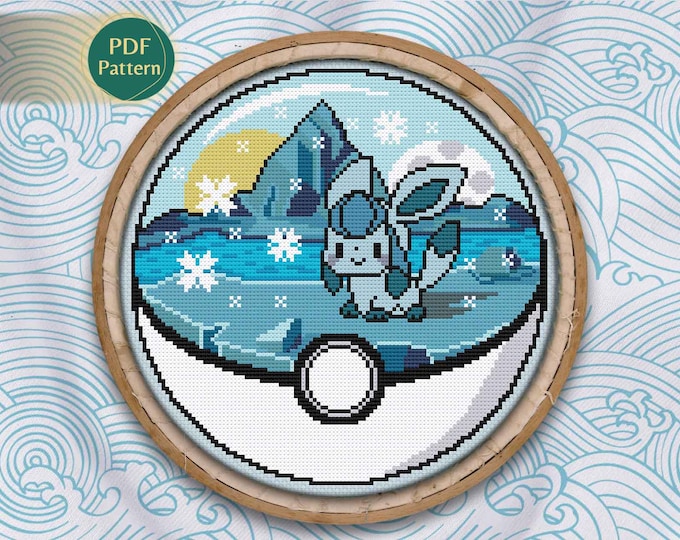 Patrón Punto de Cruz Glaceon PDF – Pokeball Tipo Hielo, Eeveelution Zorrito, Iceberg, Copo Nieve, Escena Blanca y Fría, Descarga Instantánea