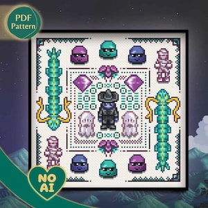 Cottagecore Horror Cross Stitch Pattern - Dark Cavern Slimes & Bats (PDF Pattern)