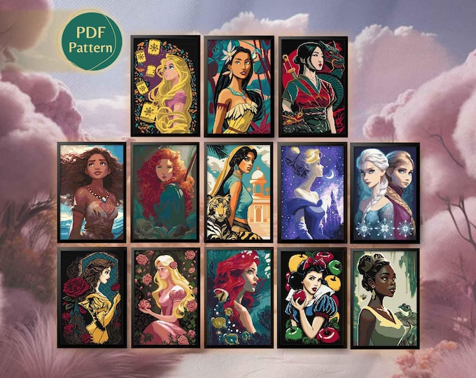 Princess Cross Stitch PDF Pack – 13 Patterns: Tiana, Aurora, Moana, Merida, Jasmine, Cinderella, Belle, Pocahontas, Rapunzel, Snow, Mulan