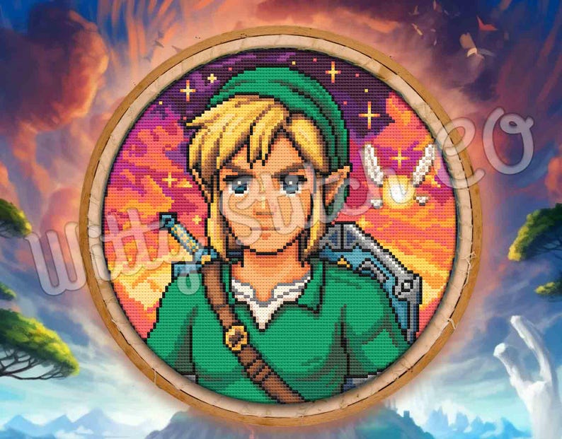 May include: A pixelated embroidery hoop featuring a character with blonde hair, a green tunic, and a green hat. The background is a sunset with a blue sky, birds, and trees. The character has a sword and a shield.