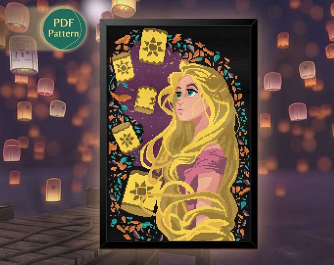 Rapunzel Cross Stitch Pattern PDF – Tangled Princess, Pascal, Maximus, Floating Lanterns, Fairy Tale, Instant Download