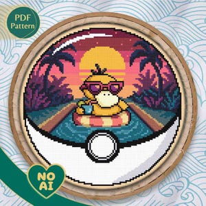 Patrón punto de cruz inspirado en Psyduck en terrario Fiesta Piscina