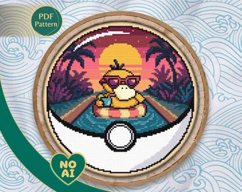 Psyduck Inspired Pool Party Terrarium Cross Stitch Pattern PDF
