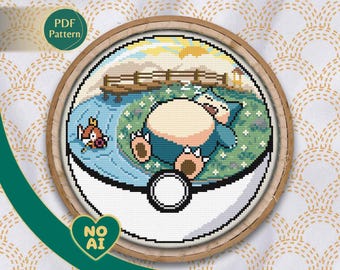 Snorlax Magikarp Inspired Meadow Terrarium Cross Stitch Pattern PDF