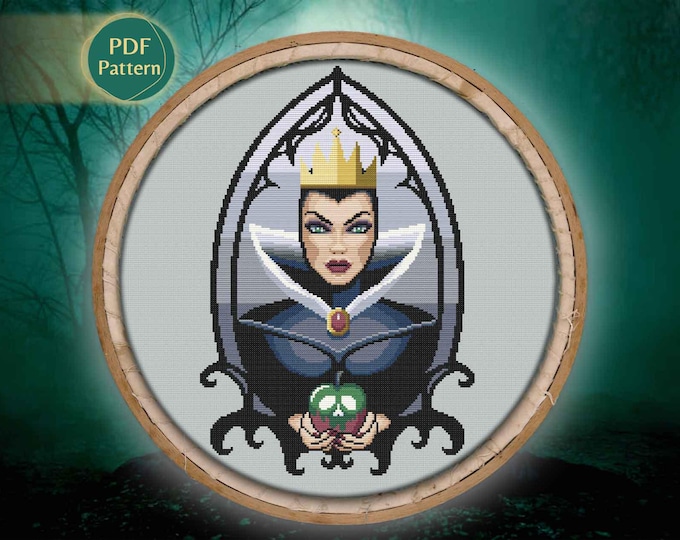 Evil Queen Cross Stitch Pattern PDF – Poisoned Apple, Green Witch, Gothic Villain, Dark Fantasy, Instant Download