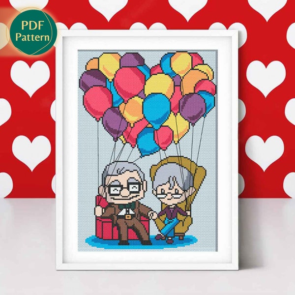Carl Ellie Cross Stitch Pattern, Up move, True Love, Balloons, Aventure is out there, PDF pattern, Craft Supplies, Modern Colorful, Kawaii