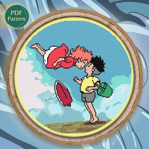 Ponyo-kruissteek PDF-patroon – getelde steek, kawaii-ontwerp, Sosuke, vis, echte vriendschap, direct downloaden