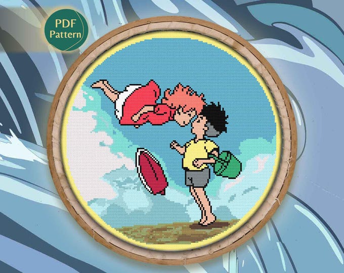 Ponyo Cross Stitch PDF Pattern – Counted Stitch, Kawaii Design, Sosuke, Fish, True Friendship, Instant Download
