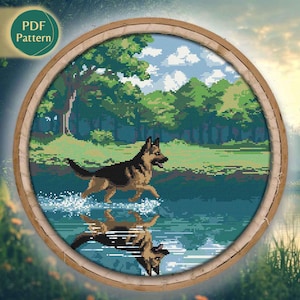 German Shepherd Cross Stitch PDF – Counted Pattern, Puppy & Adult Dog Design, Wall Art Embroidery, Instant Download