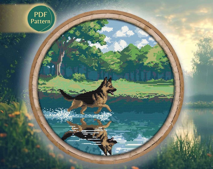 German Shepherd Cross Stitch PDF – Counted Pattern, Puppy & Adult Dog Design, Wall Art Embroidery, Instant Download