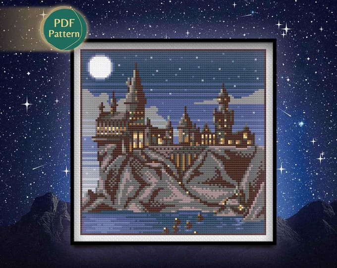 Magical Wizarding Castle Cross Stitch PDF – Fantasy Kingdom, Starry Night, Magic School Scene, Wizard World Design, Instant Download