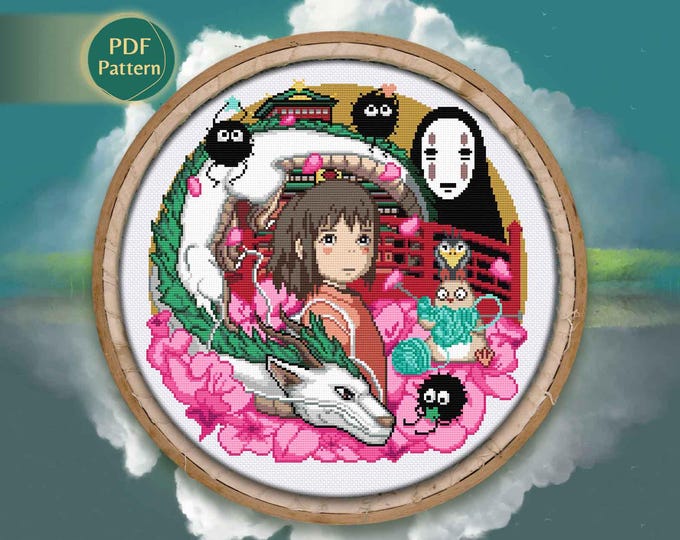 Spirited Away Cross Stitch PDF – Counted Pattern with Chihiro, No-Face, Haku Dragon, Soot Sprites, Kawaii Design