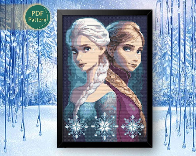 Anna and Elsa Cross Stitch Pattern PDF – Frozen Sisters, Olaf, Snowman, Winter Magic, Princesses, Instant Download