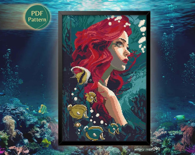 Little Mermaid Cross Stitch Pattern PDF – Ariel Princess, Flounder, Ursula, Under the Sea, Instant Download