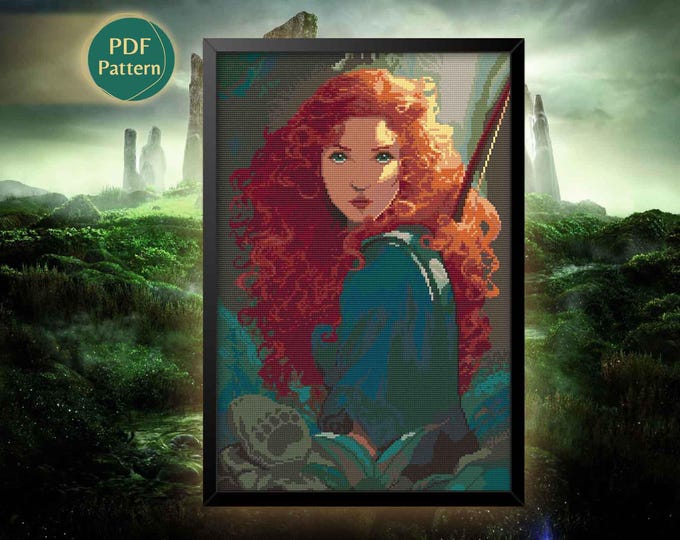 Merida Cross Stitch Pattern PDF – Brave Princess, Bears, Nature, Horse, Magic, Instant Download