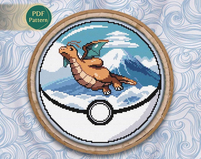 Dragonite Pokeball Cross Stitch PDF – Dragon/Flying Type Pattern, Mount Fuji, Clouds, Blue Sky, Counted Stitch, Instant Download