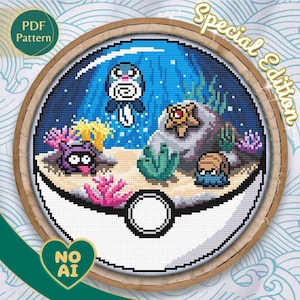Omanyte Shellder Staryu Poliwag Inspired Deep Sea Terrarium Cross Stitch Pattern PDF