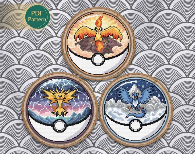 Legendary Birds Pokeball Cross Stitch PDF Pack – 3 Patterns: Moltres, Zapdos, Articuno, Fire/Ice/Electric, Flying Type, Instant Download