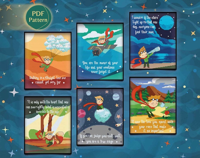 Little Boy Cross Stitch Pattern PDF Pack – 6 Patterns: Little Traveler, Rose, Fox, Plane, Planets, Desert, Kawaii Style, PDF Download