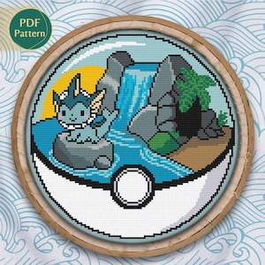 Patrón Punto de Cruz Vaporeon PDF – Pokeball Tipo Agua, Eeveelution Zorrito, Kawaii, Cueva Oasis, Cascada y Salto Agua, Descarga Instantánea