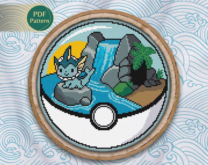 Vaporeon Pokeball Cross Stitch PDF – Water Type Pattern, Eeveelution Fox, Kawaii Oasis Cave, Waterfall Cascade Scene, Instant Download