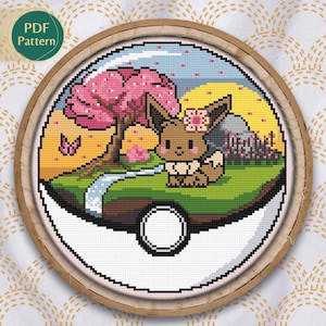 Padrão de ponto cruz tipo normal, terrário de pokebola Eevee, ponto cruz contado, Eeveelutions, raposa, kawaii, sakura, riacho, pôr do sol laranja