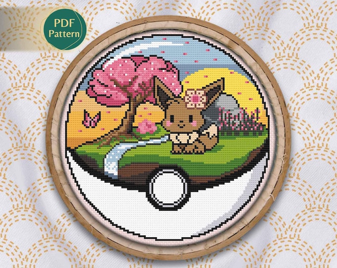 Eevee Pokeball Cross Stitch PDF – Normal Type Pattern, Counted Stitch, Sakura, Fox, Eeveelutions, Sunset Stream, Instant Download