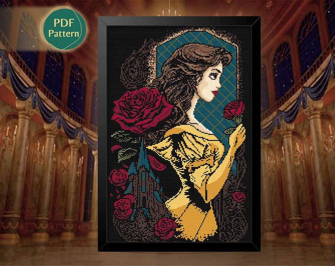 Belle Cross Stitch Pattern PDF – Beauty and the Beast, Belle Princess, Enchanted Rose, Chip, Magic Castle, Instant Download