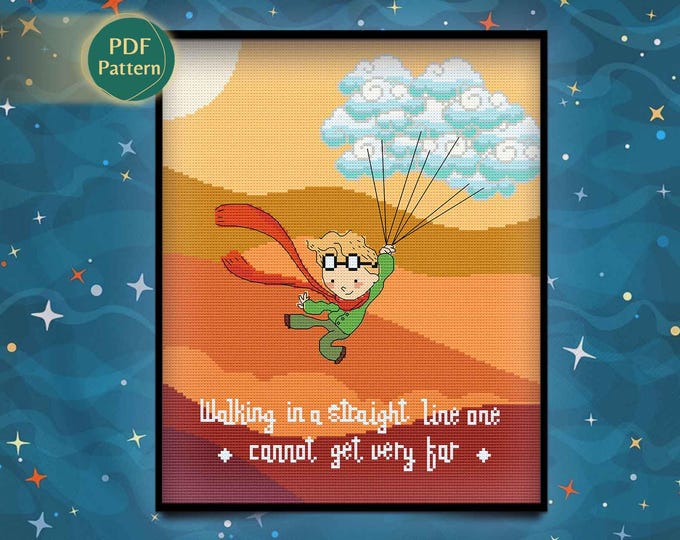Little Boy in the Desert Cross Stitch Pattern – Clouds, Sun, Earth & Orange Tones, Kawaii Style, Instant PDF