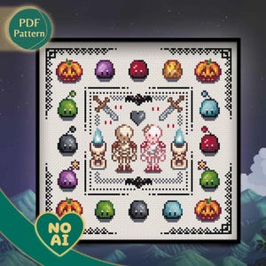 Patrón Punto Cruz Amor en la Mina PDF – Inspirado en Cottagecore, Slimes, Criaturas Sombreadas, Esqueleto, Murciélago, Descarga Instantánea