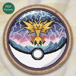 Elektrisch/vliegend kruissteekpatroon, Pokeball-terrarium Zapdos-kruissteekpatroon, legendarische vogels, bliksem, storm, onweer