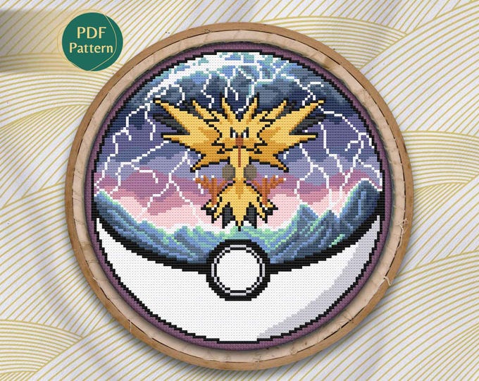 Zapdos Pokeball Cross Stitch PDF – Electric/Flying Type Pattern, Legendary Bird, Thunderstorm & Lightning Scene, Instant Download