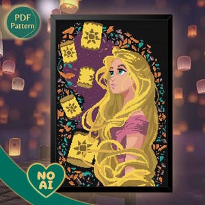 Patrón Punto de Cruz Rapunzel PDF – Princesa Rapunzel, Pascal, Maximus, Farolillos Flotantes, Cuento de Hadas, Descarga Instantánea