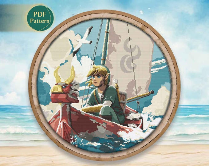Hero of the Sea Cross Stitch PDF – Pixel Fantasy Pattern, Sword, Shield, Magic Boat, Retro Adventure Style, Instant Download