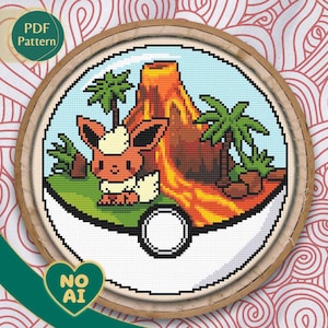 Patrón punto de cruz inspirado en Flareon en terrario Lava Volcán Fuego