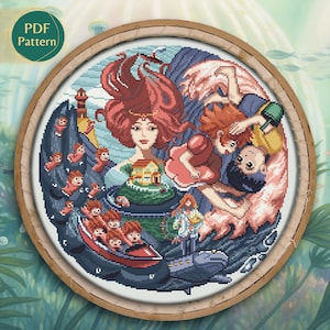 Ponyo-kruissteekpatroon pdf – kawaii getelde steek, sosuke en ponyo, echte vriendschap, schattig visontwerp, direct downloaden, pdf-patroon