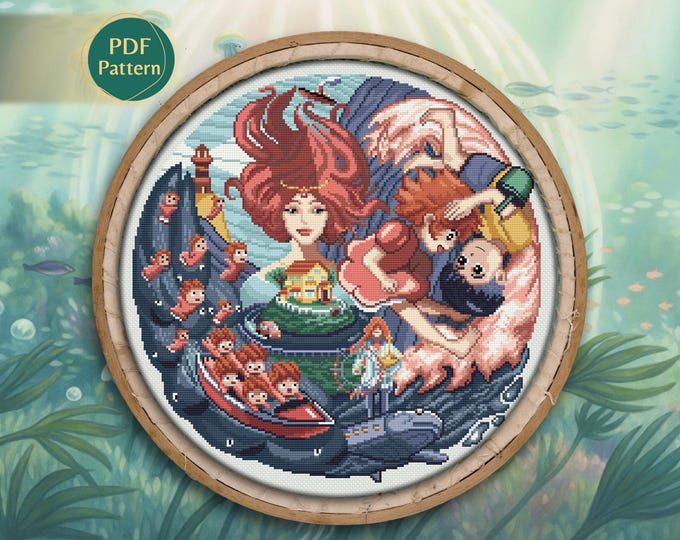 Ponyo Cross Stitch Pattern PDF – Kawaii Counted Stitch, Sosuke & Ponyo, True Friendship, Cute Fish Design, Instant Download, PDF Pattern
